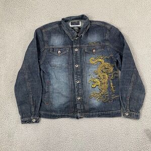 Paco Jeans Dragon Embroidered Demim Jacket Women L Dark Wash Y2K